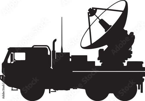 Satellite truck, communication vehicle, black silhouette, vector illustration, telecommunications equipment