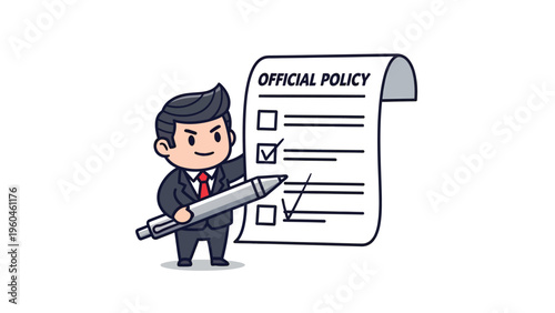 Cartoon businessman marking official policy document. Agreement, compliance, and approval concept illustration.