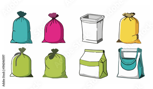 Laundry bag vector set colorful line art washing storage icons isolated on white background