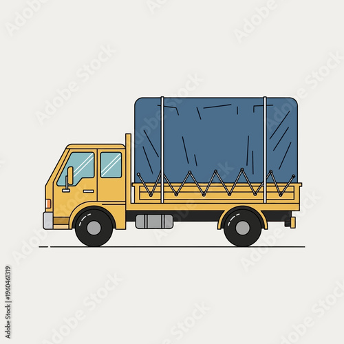 Yellow Cargo Truck With Blue Tarp Cover Delivering Goods For Distribution
