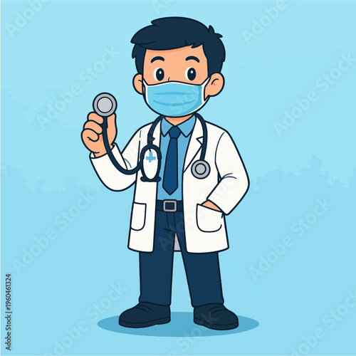 Friendly Cartoon Male Doctor Character Wearing a Surgical Mask and White Lab Coat Holding a Stethoscope for a Medical Checkup
