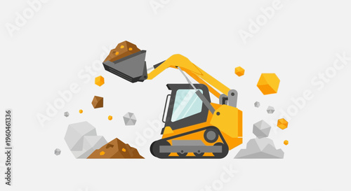 Yellow Compact Excavator Digging Dirt And Rocks Construction Machine