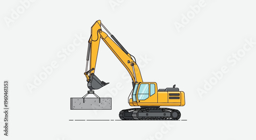 Yellow Excavator Lifting Concrete Slab on White Background Simple Style