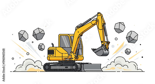 Yellow Excavator In Action Digging Up Rocks And Dust