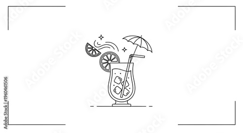 Refreshing summer beverage line art icon featuring citrus slices, ice, and a small umbrella