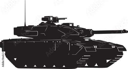 Military tank, black silhouette, armored vehicle, combat illustration, warfare icon