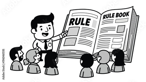 Instructor explaining rules and regulations from a rule book to a group, compliance training concept