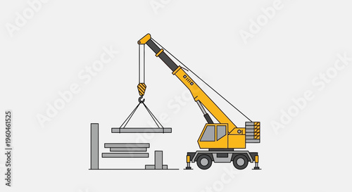 Yellow Construction Crane Lifting Steel Beams Industry Scene Minimalist Illustration