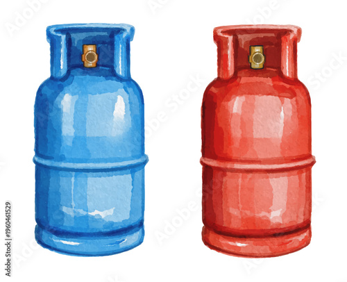 Hand painted watercolor blue and red gas cylinder isolated