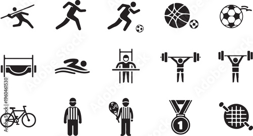 Sports Icons, Athletic Symbols, Fitness Logos, 16 Black Sports Pictograms
