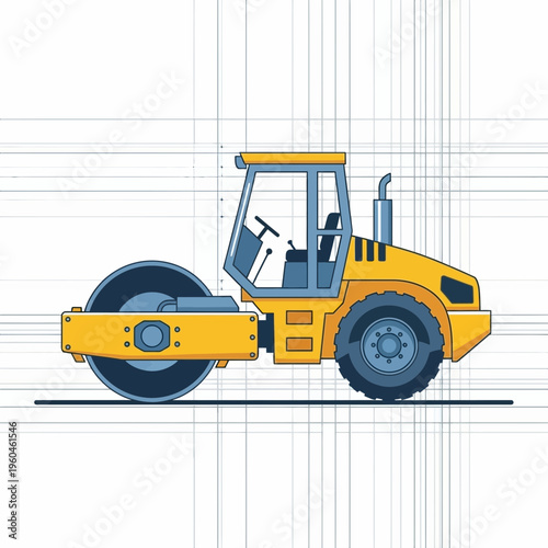 Vibrant Yellow Roller Compacts Ground on Architectural Blueprint Grid