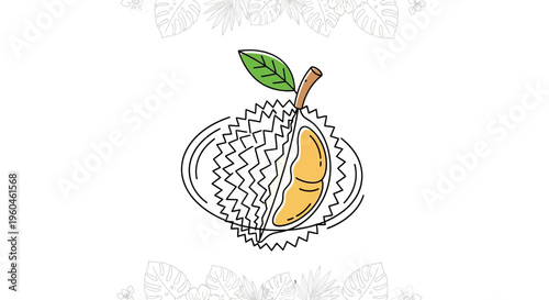 Stylized durian fruit vector with yellow flesh, green leaf, and spiky husk, ideal for exotic food