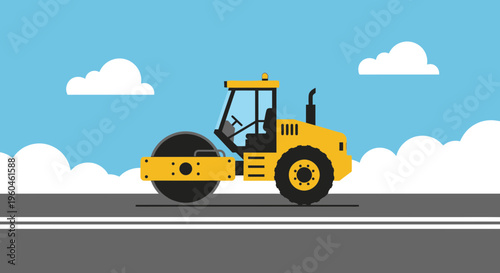Vibrant Yellow Steamroller Compacting Road Under Blue Sky With Clouds
