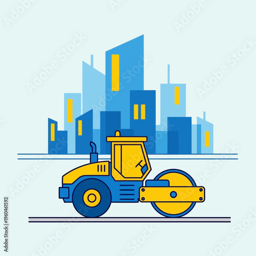 Vibrant Construction Roller Against a Modern City Skyline