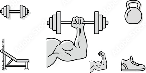 Collection of simple line icons illustrating various strength training fitness equipment and muscular arm icons