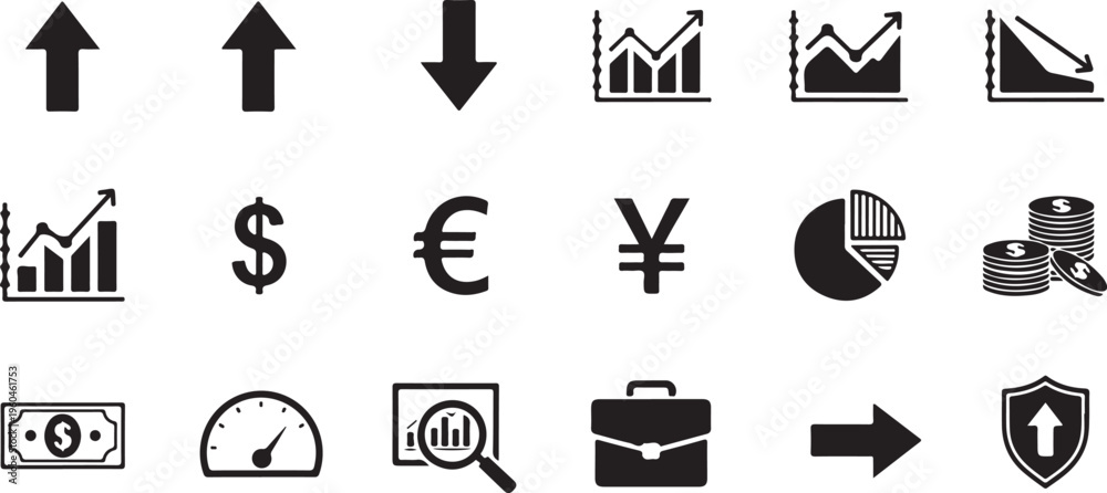 Fototapeta premium Business finance icons, financial symbols, 20 black vector graphics, money and chart signs