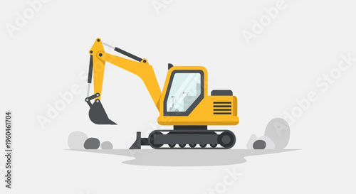 Yellow Excavator Machine Digging Dirt and Rocks On White Background