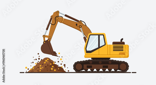 Yellow Excavator Machine Digging Dirt and Rocks Construction Industry
