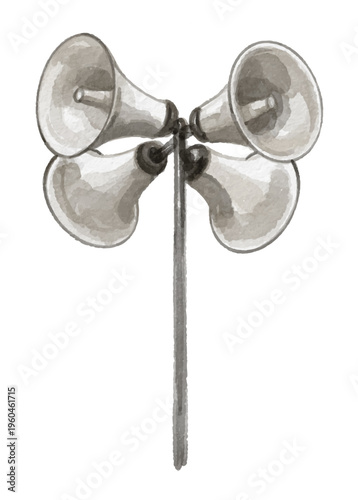 Watercolor four loudspeaker on pole isolated on white background