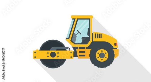 Vibrant Yellow Steamroller Machine For Road Construction Flat Design