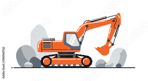 Vibrant Excavator Machine With Tracked Base In Motion Excavating Rocks And Soil
