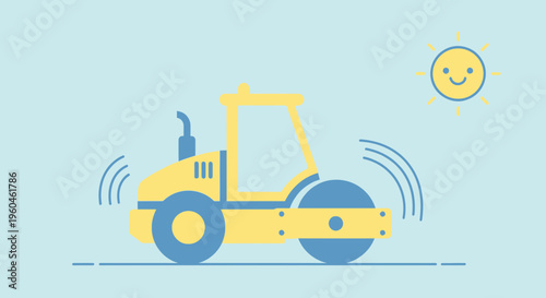 Vibrant Yellow Steamroller Machine Operating Under a Cheerful Sunny Sky