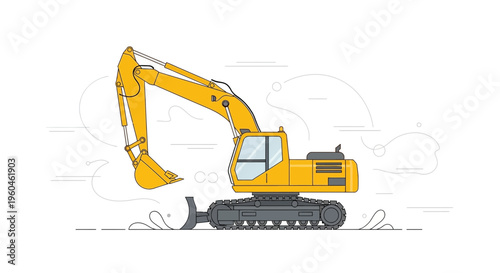 Yellow Excavator Machine Digging Ground With Tracks For Construction Projects