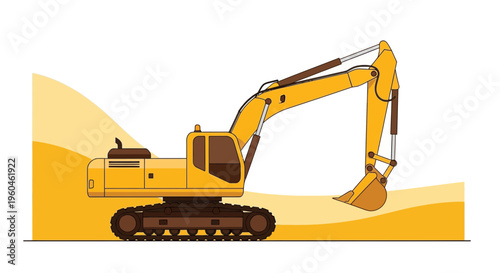 Yellow Excavator Machine Digging In Sandy Terrain Vector Art