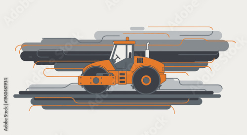 Vibratory Roller Compacts Road Surfaces With Abstract Flowing Background