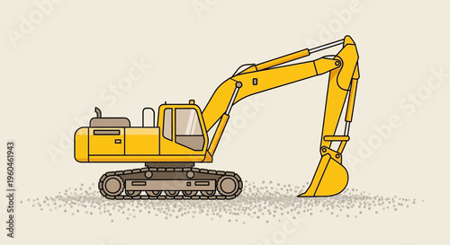 Yellow Excavator Machine Digging On Construction Site Flat Style