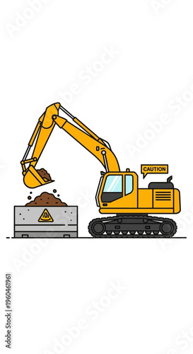 Yellow Excavator Machine Digging Soil Into Concrete Block Construction Site
