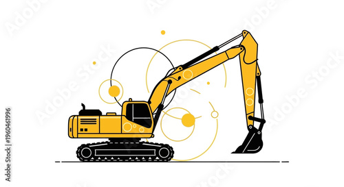 Yellow Excavator Construction Machine Illustration With Geometric Shapes