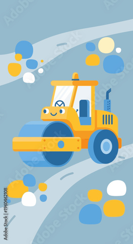 Whimsical Construction Vehicle Character Rolling Smoothly on a Roadway