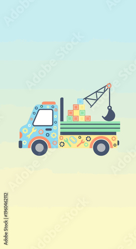 Whimsical Construction Crane Truck Illustration With Colorful Building Blocks For Children's Content