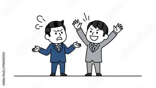 Angry and happy businessmen cartoon illustrating contrasting emotions or conflict resolution in a corporate setting