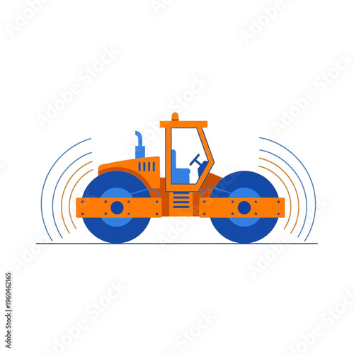 Vibrant Orange Steamroller Compacting Road Surface Construction