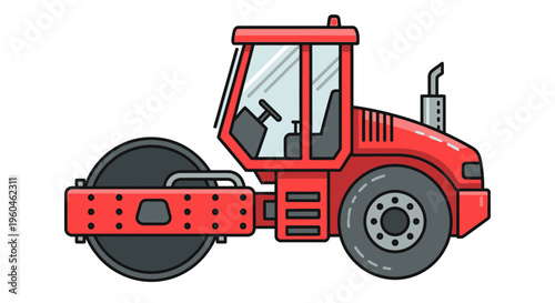 Vibrant Red Road Roller Machine Illustration With Clean Lines