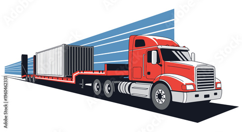 Vibrant Red Semi Truck Hauling Freight Container On Flatbed Trailer Journey