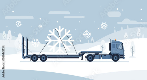 Winter Transport Truck Delivering Giant Snowflake Across Snowy Landscape