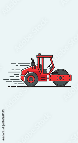 Vibrant Red Steamroller Compacts Surface With Dynamic Motion Lines
