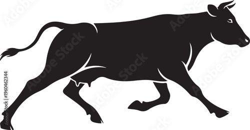 Black cow silhouette, running cow icon, cattle vector, farm animal graphic