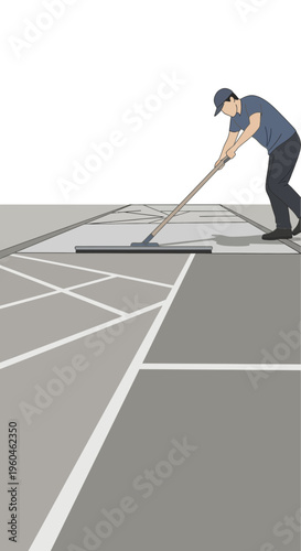 Worker Applying Sealer To Outdoor Sports Court With Long Handled Tool