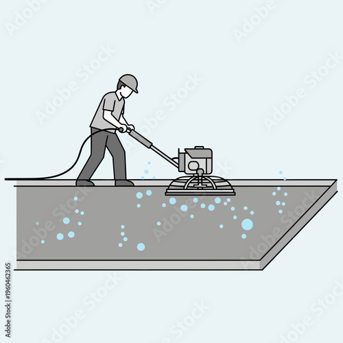 Worker Buffing Surface With Machine Gentle Cleaning Process For Paving Stones