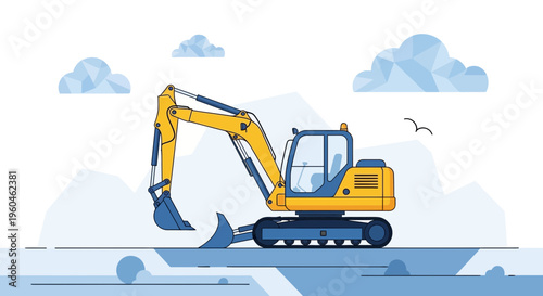 Yellow Excavator Machine In Construction Site Graphic