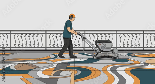 Worker Buffing An Ornate Floor With A Rotary Machine Outdoor