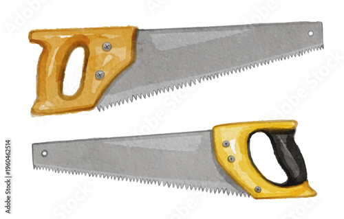 Watercolor yellow crosscut saw on white background