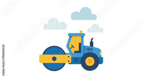 Vibrant Road Roller Machine With Clouds And Blue Sky Illustration