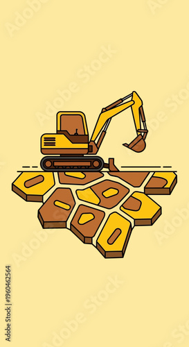 Yellow Excavator Digging Into Earth Ground Construction Project Abstract Illustration