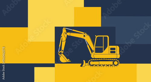 Yellow Excavator Machine On Abstract Geometric Background Construction Site Concept