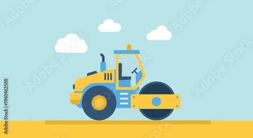 Vibrant Steamroller Machine Working On Road Construction Project Under Blue Sky